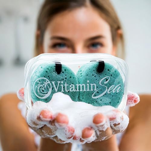 Travel Size Body Wash Women Shower Sponges (2 Pack) | 30 + Washes Travel Loofah with Case | Travel Body Wash Women Shower Sponge Soap w/Natural Extracts | Travel Soap Sponge Body Wash (Ocean Breeze)