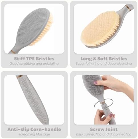 New Back Scrubber Anti-Slip for Shower, 18.9‘’ Adjustable Shower Back Scrubber with Dual-Side Head & Soft Bristles, Extra-Long Shower Brush Bath Brush for Lathering Cleansing(Gray-L)