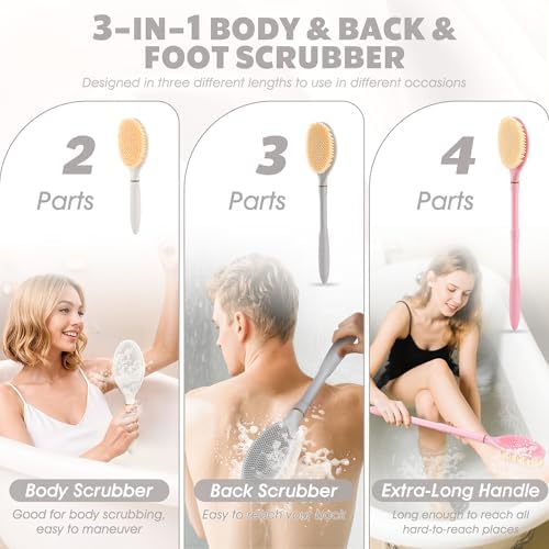 New Back Scrubber Anti-Slip for Shower, 18.9‘’ Adjustable Shower Back Scrubber with Dual-Side Head & Soft Bristles, Extra-Long Shower Brush Bath Brush for Lathering Cleansing(Gray-L)