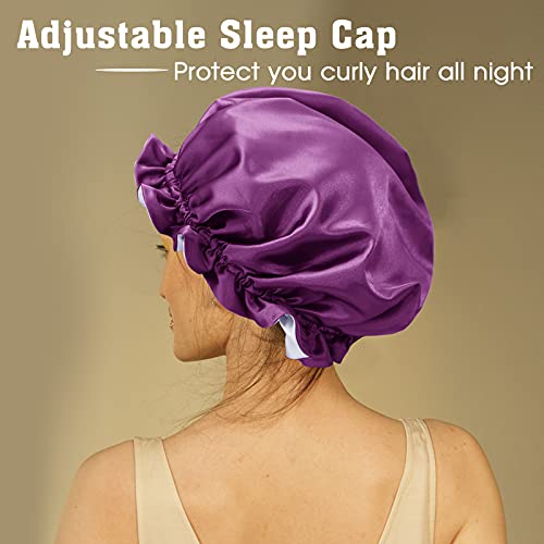 Mommy and Me Bonnet Set Satin Bonnet Sleep Cap, Adjustable Hair Bonnet for Women and Baby, Kids, Toddler (0-3 Years Old) Curly Hair Cap Double Layer (Purple/Blue)