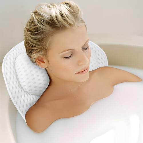 Luxury Bath Pillow for Bathtub – Soft 4D Mesh Fabric Neck and Back Support Headrest with Non-Slip Suction Cups – Relaxing Spa Accessories