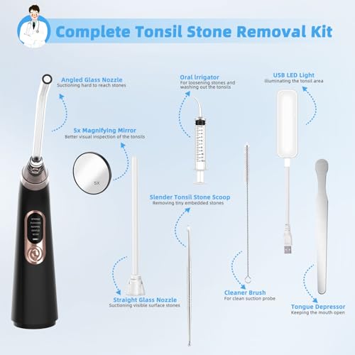 Voraiya Electronic Tonsil Stone Remover Vacuum, 10 in 1 Tonsil Removal Kit, 5 Modes Cleaner, Instant Suction Tool, Easy to Use, Fight Bad Breath, Mouth Cleaning Oral Care (Black)