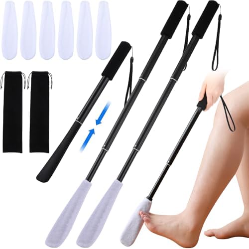 Sunnyray 2 Set Toe Cleaning Brush with Reusable Drying Covers Foot Cleaner with Telescopic Aluminum Alloy 12-24 Inch Long Handled Toe Lotion Applicator for Seniors Elderly Disabled Men and Women