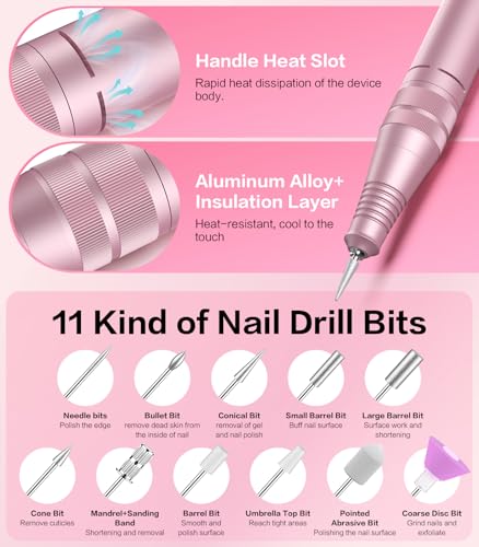 Professional Electric Cordless Nail Drill File with 11 Nail Drill Bits, 35000RPM DIY Glitter e Filer for Nails Kit Machine for Acrylic Nails Gel Polishing for Manicure Salon Home