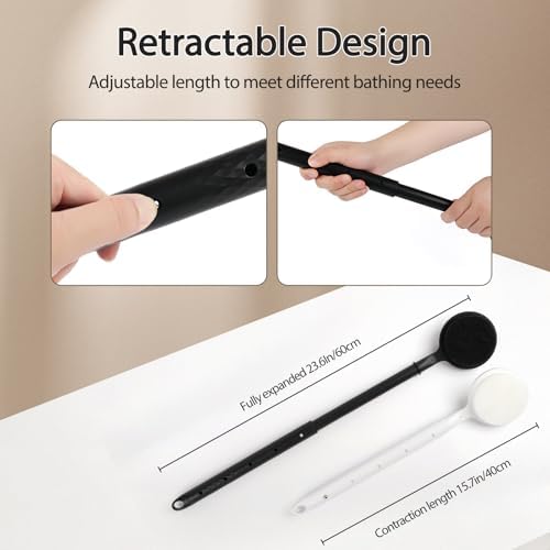 Silicone Back Scrubber for Shower - Adjustable Extendable (40-60 cm / 15.7"-23.6") Long Handle Body Brush with Foam-Generating Dual-Sided Heads for Men & Relaxing Massage Exfoliation