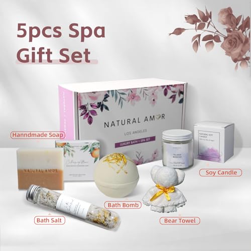 Natural Amor Handmade Spa Gifts for Women, Relaxing 5pcs Spa Gift Set for Women Including Citrus Handmade Soap Bar, Soy Candle, Bath Salt, Bath Bomb