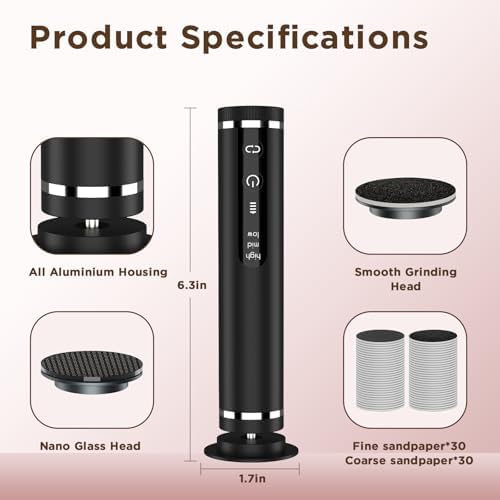 Electric Foot Callus Remover with 2600mAh Battery, Brushless Callus Remover for Feet with Nano-Glass Head & 60 Pcs Sandpaper Discs, Electric Foot File with 3 Adjustable Speeds, Gifts for Women