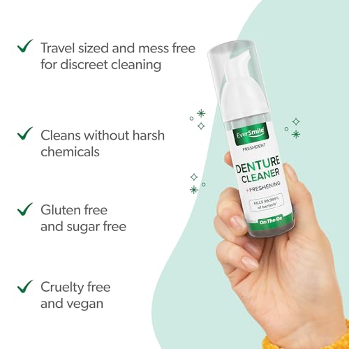 EverSmile FreshDent Denture and Partial Denture Cleaner + Teeth Whitening Spray – Travel Size Alternative to Cleaning Tablets That Eliminates Bacteria and Fights Bad Breath – 50ml + 10ml Pack