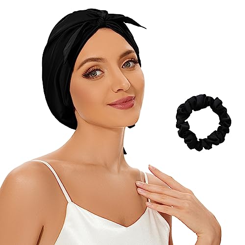 Natural 22 Momme 100% Mulberry Silk Bonnet for Sleeping, Soft Premium Grade 6A Silk Sleep Cap for Hair, Hair Wrap with Elastic Band (Black,1pc)