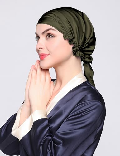 LilySilk Silk Bonnet for Sleeping Womens Sleep Cap 100% 19MM Mulberry Silk for Long Curly Hair Adjustable Stretchy Olive Green