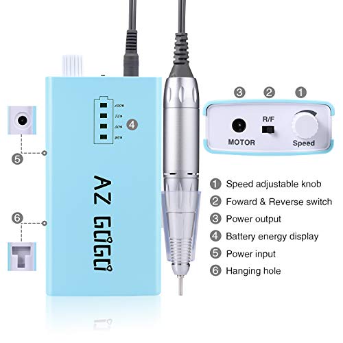 30000RPM Portable Nail Drill Machine, AZ GOGO Professional Rechargeable Electric Efile Nail Drill for Acrylic Gel Nails, Manicure/Pedicure, Polishing, Cuticle - Salon or Home Use（Blue）