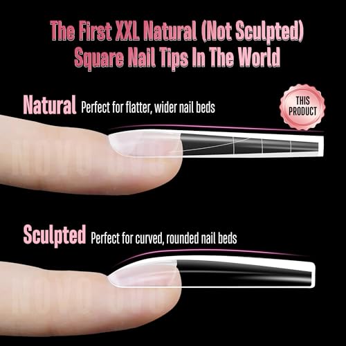 XXL Sharp Square Natural (not Sculpted) Nail Tip, Extra Thick False Nails Press on, Full Cover Soft Gel Extension Fake Nail Acrylic kit with XL L M French Tip Auxiliary Line x 15 Size 180pcs