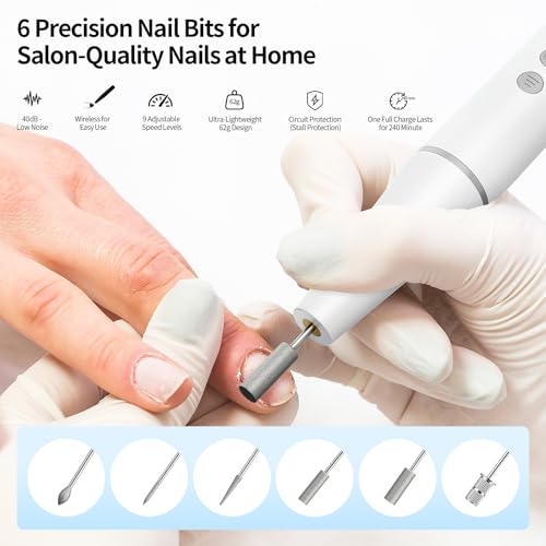 Electric Nail Drill Kit Professional - 9 Speed Cordless Electric Nail File with LED Display, Portable Nail Drill Machine for Acrylic Gel Nails, Hand Feet Trimmer Buffer Tool for Women Men Baby White