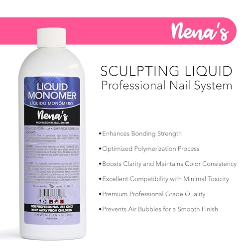 Professional Liquid Monomer by Nena's 16 fl oz, Advanced GlamourShield acrylic formula, no MMA, Non-Yellowing, Quick Dry, Strongest Adhesion, Acrylic Nail Art Extension Carving