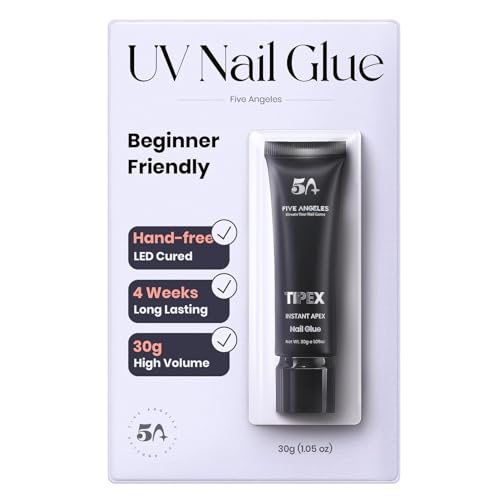 Tipex UV Gel Nail Adhesive, 30g Solid for Soft Acrylic Tips, Long Lasting Strong Bonding for 28+ Days, Large Volume Tube, Rhinestone Glue for Nail Art
