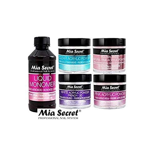 MIA SECRET 4 oz LIQUID MONOMER + Acrylic Powders Set - Pink 2 oz, Clear 2 oz, 3D White 2 oz & Multibalance Pink 2 oz