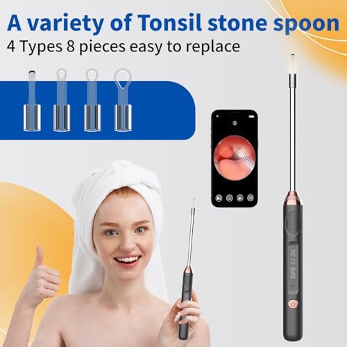 Tonsil Stone Remover with Camera，Tonsil Stone Removal Tool with LED Light，TonsilCleaner for Tonsil Stone Removal，Tonsillolith Removal Tool with 4 Head ，Attachments for iOS & Android (Black and Gold)