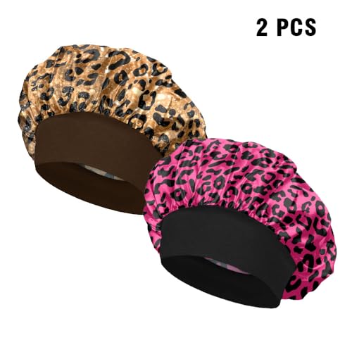 WIRESTER Set of 2 Satin Hair Bonnet for Sleeping, Fashion Sleep Cap, Silk Bonnet with Elastic Soft Band for Women Girls - Black Pink Leopard, Gold Sparkle Black Yellow Glitter Leopard