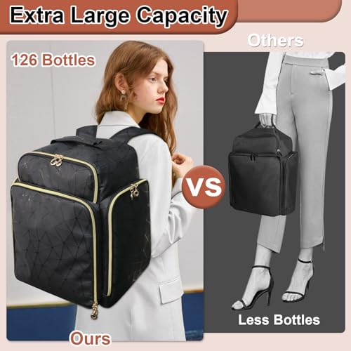 Elegant Black Backpack Organizer, Holds 126 Nail Bottles, Extra Large Nail Kit Supplies Storage with 3 Removable Cases, PU Leather Organizer for Travel