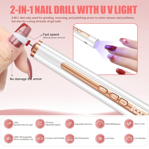 Electric Nail Drill with U V Light, Cordless Nail Drills Professional, Portable Electric Nail File Kit Rechargeable Efile Nail Drills for Acrylic Gel Nail Manicure Nail Drill Kit for Salon Home