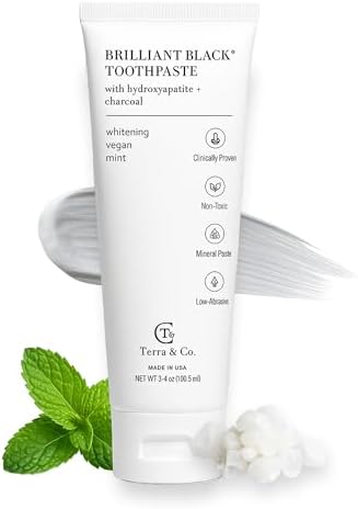 Terra & Co. Brilliant Black Hydroxyapatite Toothpaste for Whitening Teeth – USA-Made - Natural Remineralizing Toothpaste, Fluoride-Free, Vegan, SLS-Free, Low Abrasion – Mint, 3.4 oz