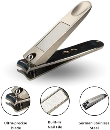 Manicure Pedicure Set 7-in-1 Stainless Steel, Ultra Sharp, Slanted Nail Clipper, Fingernail Clipper, Cuticle Nipper, Glass Nail File, Eyebrow Tweezers, Scissors, Case – Gift (Matte Gray)