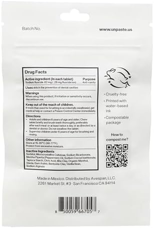 New Formula, Unpaste Toothpaste Tablets, Fluoride Mint, Xylitol Free, Vegan, Plastic Free, Travel-Friendly, Resealable Packet, 250ct, 4 Month Supply
