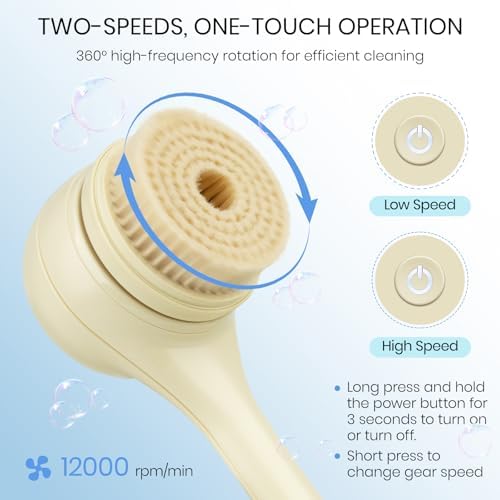 Electric Body Brush Back Scrubber for Shower, Auto Spinning Exfoliating Massage Bath Brush Rechargeable, Dual Long Handle, Deep Cleansing, Waterproof, Rotating Body Brushes with 5 Brush Heads