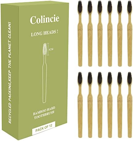 Extra Hard & Firm Bamboo Charcoal Toothbrush Long Head with Wide Thickened Handle Whitening Teeth Pack of 12