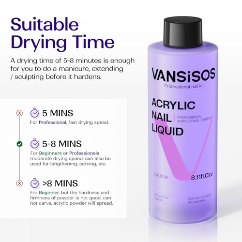Professional Acrylic Nail Liquid: 8fl.oz Acrylic Liquid for Acrylic Powders Non-Yellowing for MMA-Free DIY Home Nail Salon Use