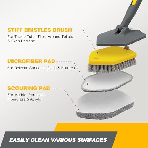 Tile Bathtub Scrubber Brush with Long Handle, 3 in 1 Shower Tub Scrub Brush