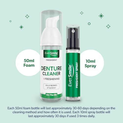 EverSmile FreshDent Denture and Partial Denture Cleaner + Teeth Whitening Spray – Travel Size Alternative to Cleaning Tablets That Eliminates Bacteria and Fights Bad Breath – 50ml + 10ml Pack
