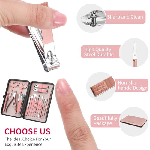 ZIZZON Manicure Set 18 in 1 Professional Pedicure Set Nail scissors Grooming Kit with Leather Travel Case Pink