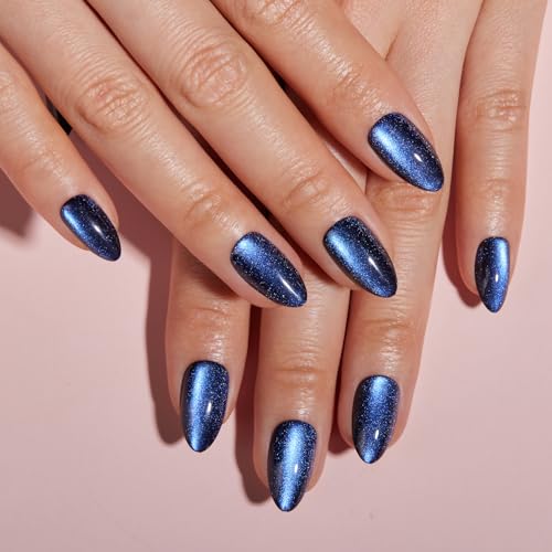 VSALON Press on Nails Short Almond - Blue Cat Eye Chrome Glue On Nails Kit for Women, Reusable Opaque Gel Stick on Nails with Glue & Cuticle Oil - 32 PCS Fake Nails in 16 Sizes (Tear Of The Sea)