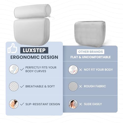LuxStep Bath Pillow Bathtub Pillow with 6 Non-Slip Suction Cups for Head,Neck and Back Support, Extra Thick and Soft Air Mesh Spa Pillow for Bath - Fits All Bathtub, 15.35x14.56 Inch, White