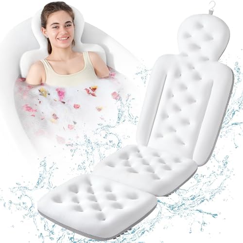 Luxury Bath Cushion, Full Body Bathtub Pillow with 160 Suction Cups, Bath Mat for Head and Neck Support, with Laundry Bag (White, 51.2" x 16.2")