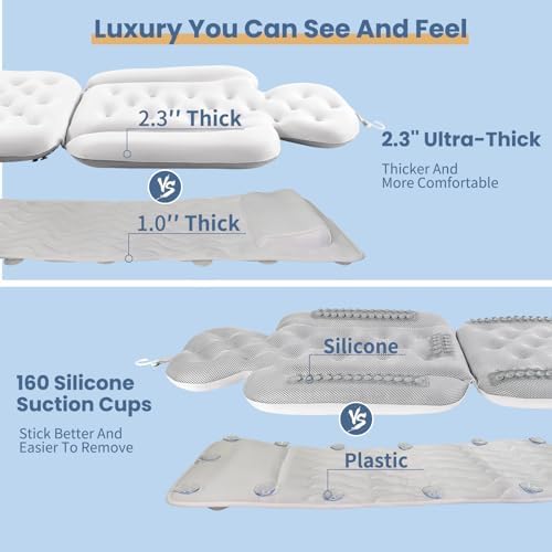 Luxury Bath Cushion, Full Body Bathtub Pillow with 160 Suction Cups, Bath Mat for Head and Neck Support, with Laundry Bag (White, 51.2" x 16.2")