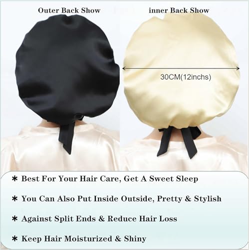 Cocheng 100% Mulberry Silk Bonnet Double-Sided Silk Sleep Cap With Adjustable Ribbon 19 Momme Silk Bonnet for Sleeping(Black)