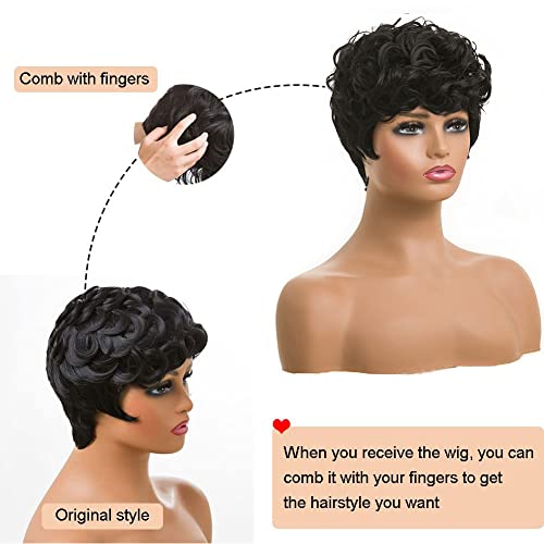 MOONSHOW Short Pixie Wigs for Black Women Short Black Curly Pixie Wig Synthetic Short Hair Wigs for Black Women Natural Wavy Black Pixie Cut Wig (Natural Black)
