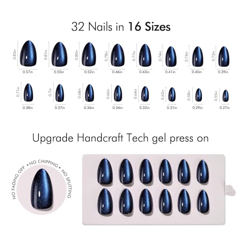 VSALON Press on Nails Short Almond - Blue Cat Eye Chrome Glue On Nails Kit for Women, Reusable Opaque Gel Stick on Nails with Glue & Cuticle Oil - 32 PCS Fake Nails in 16 Sizes (Tear Of The Sea)