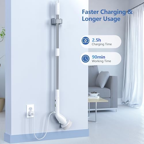 Electric Spin Scrubber, Cleaning Brush with 8 Brush Heads, IPX7 Waterproof LED Display, Adjustable Extension Handle Shower Scrubber for Bathroom Floor Tub Tile (White)