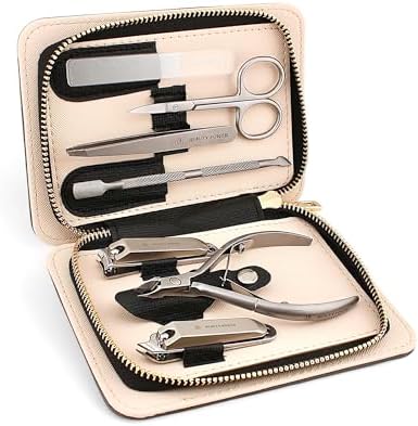 Manicure Pedicure Set 7-in-1 Stainless Steel, Ultra Sharp, Slanted Nail Clipper, Fingernail Clipper, Cuticle Nipper, Glass Nail File, Eyebrow Tweezers, Scissors, Case – Gift (Matte Gray)