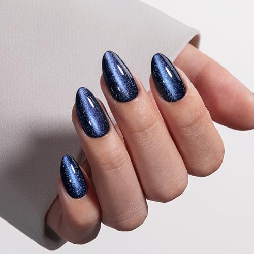 VSALON Press on Nails Short Almond - Blue Cat Eye Chrome Glue On Nails Kit for Women, Reusable Opaque Gel Stick on Nails with Glue & Cuticle Oil - 32 PCS Fake Nails in 16 Sizes (Tear Of The Sea)