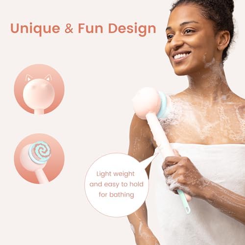 Electric Back Scrubber for Shower Body Brush, Waterproof Automatic Body Scrubber for Cleansing, Massaging and Exfoliating, Spinning Bath Brush with 2 Heads & 3 Speed Modes, Berry Pink