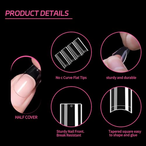 No C Curve XL Nail Tips 500PCS,Tapered Square Flattened Half Cover False Nails for Nail Salons and DIY French ABS Nail Tips(XL no c square 500pcs)