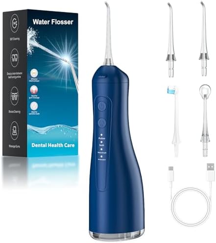 Water Dental Flosser for Teeth, 4 Modes Rechargeable Cordless Oral Irrigator 300ML Water Tank IPX7 Waterproof Portable Electric Flossers for Deep Cleaning and Gum Care, Home Travel Use, Blue