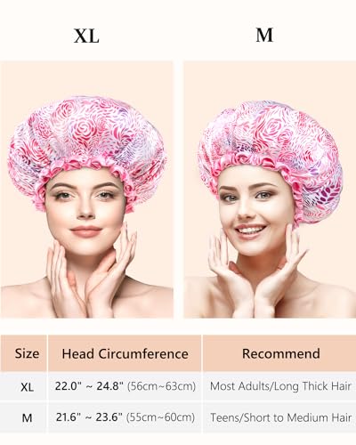mikimini Shower Caps, Reusable Bath Shower Caps 2 Packs for Women Long Hair, Double Layer Waterproof Bathing Shower Hat for Girls, Floral Print