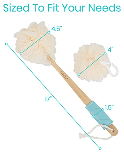 Vive 17” Shower Loofah with Long Handle - Exfoliating Back & Body Scrubber for Men & Women - Luffa Sponge on a Stick for Bathing, Cleaning - Includes Extra Handheld Lufa, Hook & String to Hang on Wall