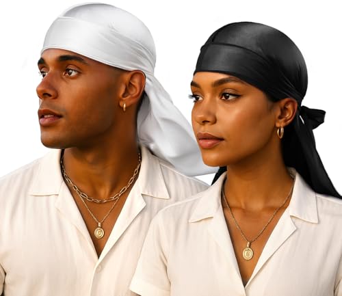 YFONG 2 Pack 100% 22 Momme Mulberry Silk Durags for Men Women, Extra Long Strap Silky Durag, Breathable and Soft Du Rag for 360 Waves, Pure Silk Durag for Hair Care and Stylish Outfits, Black+White