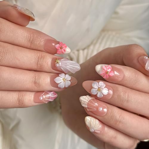 Medium - Luxury Medium Almond 3D False Nails Women Reusable ABS Material Finger Printed Nail Tip French Salon Design Artificial Fingernail-M-size